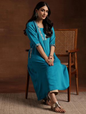 LIBAS Women Embroidered A-line Kurta(Blue)