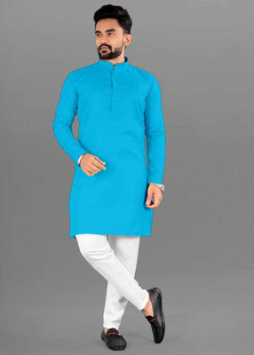 Rushva Men Solid Straight Kurta(Light Blue)