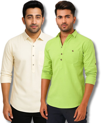 RANGFIT Men Solid Straight Kurta(Beige, Light Green)