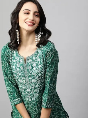 TARAVI Women Printed, Embroidered Straight Kurta(Green)