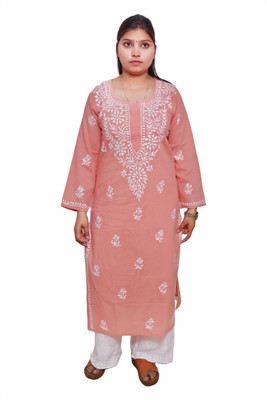 Ahl cration Women Chikan Embroidery A-line Kurta(Pink)