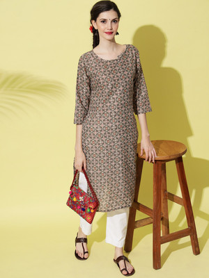 Sitaram Designer Women Abstract Straight Kurta(Brown)