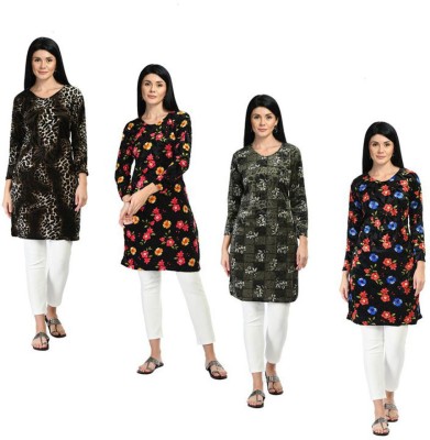 KAVYA Women Floral Print Straight Kurta(Dark Green, Light Blue, Grey)