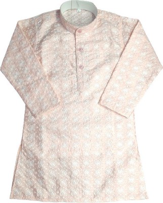 Qtsy Boys Embroidered Straight Kurta(Pink, White)