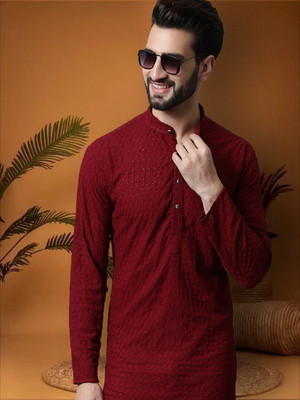 Jompers Men Self Design Straight Kurta(Maroon)