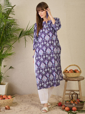 Indo Era Women Printed Straight Kurta(Purple)