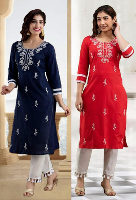 vikshi Women Embroidered Straight Kurta(Multicolor)