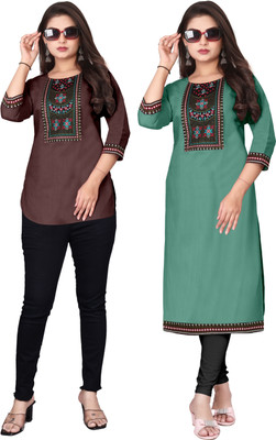 psmn Women Embroidered A-line Kurta(Brown, Green)