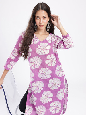 Anouk Rustic Women Floral Print Straight Kurta(Purple, White)