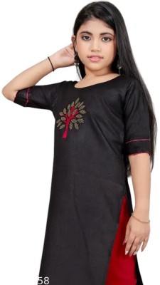 larixme Girls Embroidered Straight Kurta(Black)