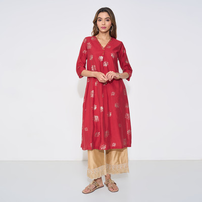 Rangmanch by Pantaloons Women Printed A-line Kurta(Red)