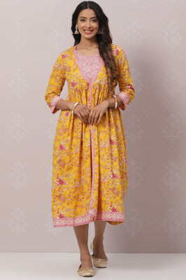 BIBA Women Printed Flared Kurta(Yellow)