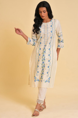 W Women Floral Print Straight Kurta(White, Blue, Green, Beige)