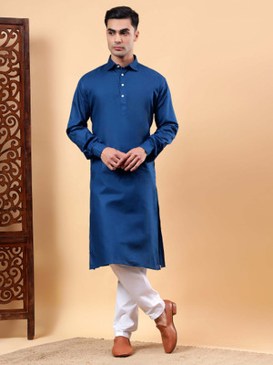Yugnik Men Solid A-line Kurta(Blue)