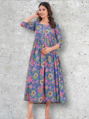 HOUSE OFF COMMON Women Printed Anarkali Kurta(Blue)