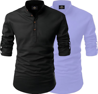 Fashion Marts Men Printed Straight Kurta(Black, Blue)