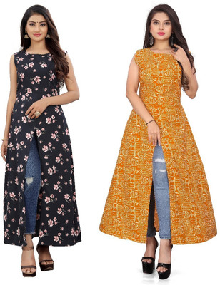 Hiral Creation Women Floral Print Frontslit Kurta(Orange)