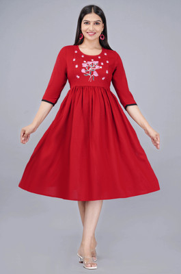 GULJAR FASHION Women Embroidered Flared Kurta(Red)