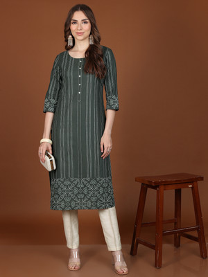 Vishudh Women Solid Straight Kurta(Green)