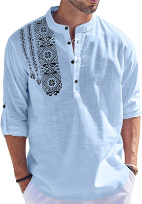 FOLGEN Men Printed Straight Kurta(Light Blue)