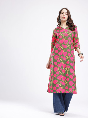 Anouk Rustic Women Floral Print Straight Kurta(Green, Pink)