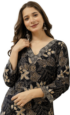 Dressar Women Printed Straight Kurta(Black)