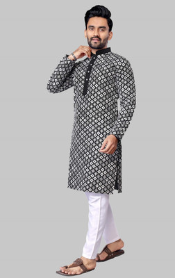 FOXDX Men Embellished Straight Kurta(Black)