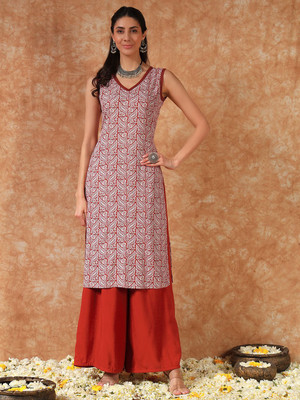 MEERANSHI LIVING Women Printed Straight Kurta(Maroon)