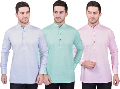 PRINTCULTR Men Solid Straight Kurta(Light Green, Light Blue, Pink)