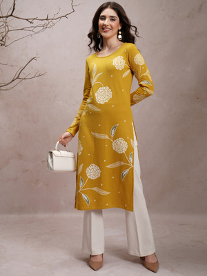 Vishudh Women Printed Straight Kurta(Yellow, White)