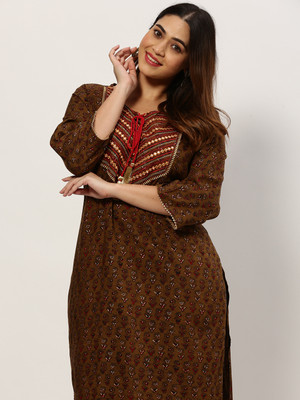 SHOWOFFFF Women Printed Straight Kurta(Grey)