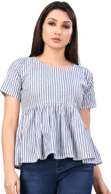 RUDRA TIMES Women Self Design A-line Kurta(White, Blue)