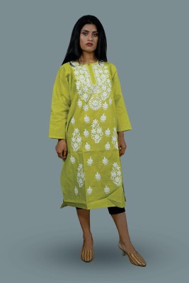 SK chikan Women Chikan Embroidery A-line Kurta(Light Green)