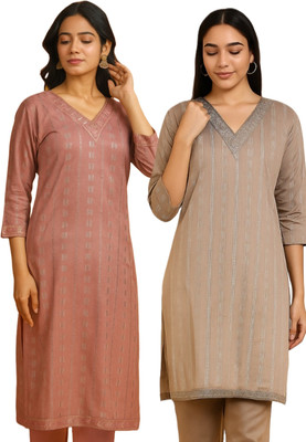 Badry Fashion Women Self Design A-line Kurta(Pink, Beige)