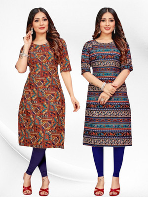 Nitya Trends Women Printed Straight Kurta(Brown, Multicolor)