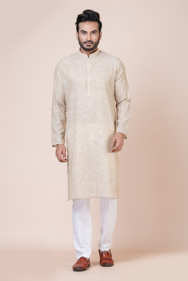nawazkurta Men Geometric Print Straight Kurta(Beige)