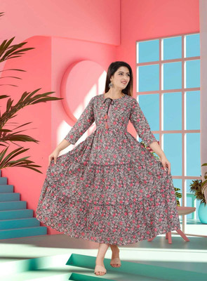 Damsel Women Printed Anarkali Kurta(Grey)