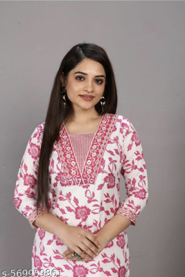 kc fashion Women Floral Print Straight Kurta(Pink, White)