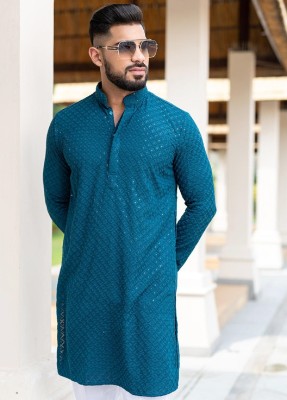 Lazzly Men Chikan Embroidery A-line Kurta(Light Blue)