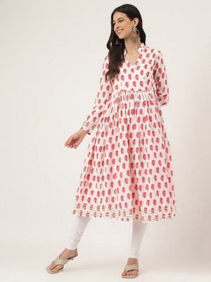 DIVENA Women Floral Print Anarkali Kurta(White, Red)