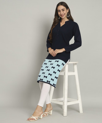 NYSINE Women Printed Straight Kurta(Black, Light Blue)