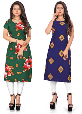 Hiral Creation Women Printed Straight Kurta(Green, Blue)