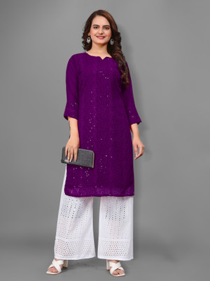 Felopie Women Chikan Embroidery A-line Kurta(Purple)