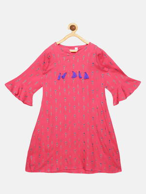 KiddoPanti Girls Printed A-line Kurta(Pink)