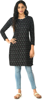 Indeweaves Women Printed Straight Kurta(Black)