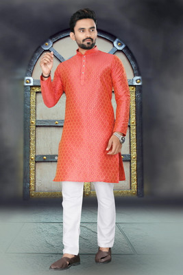 Brofun Men Printed Straight Kurta(Orange)