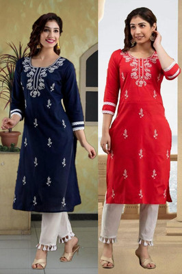 vikshi Women Chikan Embroidery Straight Kurta(Multicolor)