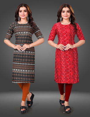MOBHISA Women Printed Straight Kurta(Red)