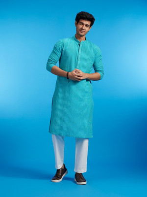 DIWAS by Manyavar Men Striped Straight Kurta(Blue)