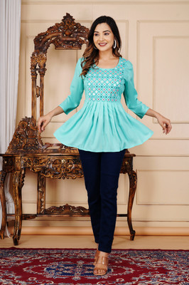 DRASHTI Women Embroidered Flared Kurta(Blue)